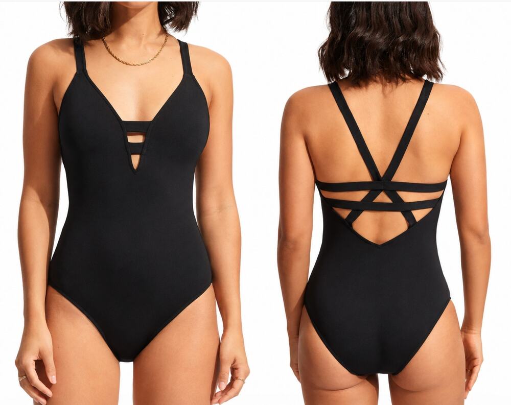 SEAFOLLY Collective Cross Back One Piece Swimsuit Size 6 Black Deep V Neck NWT